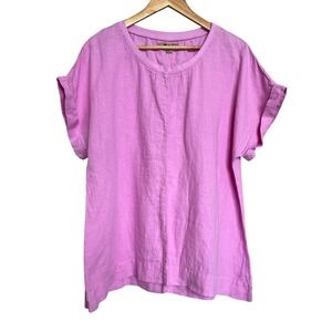 Flax 100% Linen Pink Short Sleeve Boxy Blouse Cotton Trim SZ L Lagenlook Coastal